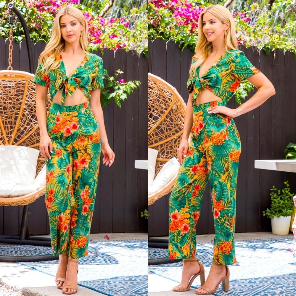 NEW WOMENS ARRIVAL TROPICAL FLORAL CROPPED BOW TIE GREEN YELLOW FLORAL JUMPSUIT